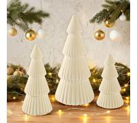 Christmas Table Decorations Indoor- 3 Pcs Flocked Velvet Christmas Trees with Lights, Modern Cone Christmas Tree Tabletop Centerpieces for Xmas Party Tabletop Mantel Tiered Tray Home Decor, Beige