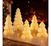 Christmas Table Decorations Indoor, 5 Pcs Large White Honeycomb Paper Christmas Trees, Vintage Light Up Table Centerpieces for Xmas Winter Wonderland Holiday Party Weddings Home Decor, 12/14/16 Inch