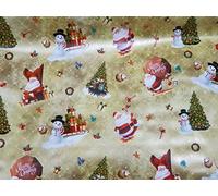 Christmas Table Decorations Oilcloth PVC Fabric Jolly Santa Snowman Christmas Tree Wipe Clean PVC Tablecloth - Sold by The Metre Gold