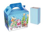 Christmas Table Present Gift Boxes/Party Food Boxes PLUS BLUE PICK n MIX BAGS (Cartoon Snowman, 5 Boxes)