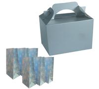 Christmas Table Present Gift Boxes/Party Food Boxes PLUS SNOWFLAKE PICK n MIX BAGS (Silver, 2 Boxes)