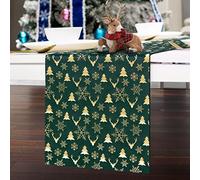 Christmas Table Runner 102 Inches Velvet Luxury Green Reindeer Tree Snowflakes Rectangle Long Table Runner for Christmas Dining Table Decoration Indoor Outdoor Parties 11×102 Inch (Velvet/Dark Green)