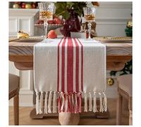 Christmas Table Runner 13 x 72 Inch for Dining Table, Boho décor Coffee Table Runner with Handcrafted Tassels, red and Beige Stripe Table Runner for Holiday, Winter