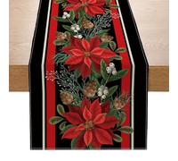 Christmas Table Runner 230 x 33 CM, Black Red Linen Christmas Table Runners with Poinsettia Pinecone Pattern, Dinner Christmas Table Decoration for Winter Xmas Holiday Table Centrepiece Decorations
