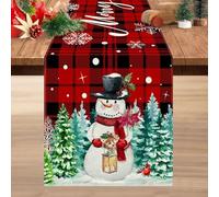 Christmas Table Runner 90 Inches Long, Red Buffalo Plaid Snowman Winter Decor for Home Dining Kitchen (13" x 90")