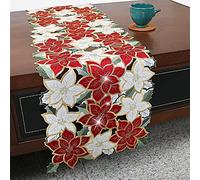 Christmas Table Runner Decorations Poinsettia Red Gold White Embroidered 72 inches Long Cutwork Flower Sparkle Table Scarf Holly Gold Shiny Applique Cutwork Holiday Festive Short Table Top 1 Piece