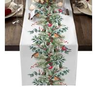 Christmas Table Runner Eucalyptus Leaves Xmas Tree Bird Cloth Table Runner Linen Table Decoration for Winter Holiday Wedding Party Home Dining Dinner Indoor Farmhouse Decor (13" x 72")