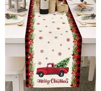 Christmas Table Runner Merry Christmas Vintage Truck with Xmas Tree Snowflakes Black Red Buffalo Plaid Farmhouse Table Runner for Holiday Party Wedding Dining Table Dresser Decoration