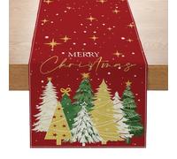 Christmas Table Runner, Red Linen Christmas Table Runners with Christmas Tree Star Pattern, Christmas Table Decorations for Xmas Dinner Party Decorations Winter Holiday Decorations( 230 x 33 CM)