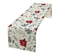Christmas Table Runner, Retro Blue Red Pine Branch Poinsettia Berries Print Table Runner for Home Kitchen Dining Table Indoor Outdoor Party Decor 13x70 Inch