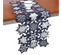 Christmas Table Runner Snowflake Navy Blue Table Decorations Navy Blue Embroided 36 inches Long Sparkle Sequin Silver Glitter Shiny Cutwork Holiday Festive Dining Decor New Year