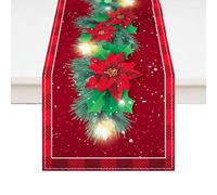 Christmas Table Runner,Xmas Linen Table Runner,Red Linen Xmas Tablecloth Kitchen Dining Table's Decoration with Poinsettia Flowers,Holly Leaves Print for Table's Centrepiece Decor