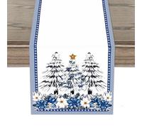 Christmas Table Runners, Seasonal Winter Dining Table Decor, 13x72 Inch, Linen Fabric, Festive Blue and White Holiday Table Decoration with Christmas Tree and Star Pattern
