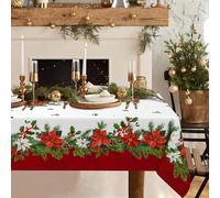 Christmas Tablecloth 60x84In,Red Poinsettia Holly Pine Cone Rectangle Christmas Table cloth,Polyester Waterproof Wrinkle Resistant Durable Xmas Tablecloth For Holidays,Kitchen,Winter And Home Decor