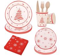 Christmas Tableware Set 112PCS Red White Disposable Dinnerware Set for 16 Guests, Snowflakes Xmas Tree Christmas Ornaments Printed Paper Cups, Plates, Napkins & Wooden Cutlery for Christmas Decoration
