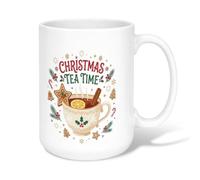 Christmas Tea Time Illustration Cup Ceramic Coffee Mug 15oz | Cinnamon Stick Garnish, Drinking Cup, Star Biscuits Motif, Holiday Greenery, Winter Tea Ritual, Cozy Beverage Decor