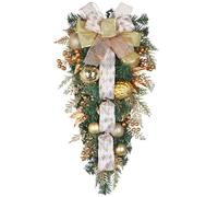 Christmas Teardrop Swag for Front Door with Ornaments, Berries, Bow, 27.5"Christmas Swag Wreath for Stair Window Wall Mantel, Artificial Christmas Swags for Indoor & Outdoor Winter Holiday Decor, Gold