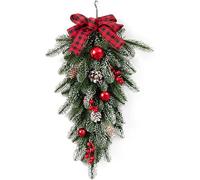 Christmas Teardrop Swag with Bowknot Red Berries, Winter Needles Greenery Cedar Swag for Indoor/Outdoor Wall & Door Hanging Decor (Green)