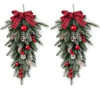 Christmas Teardrop Swag with Bowknot Red Berries & Winter Needles, Greenery Cedar Swag for Indoor/Outdoor Wall & Door Hanging Decor (2pcs)