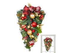 Christmas Teardrop Swag Wreath, Christmas Door Wreath, Christmas Teardrop Swag For Stair Decoration, Artificial Wreath With Bowknot, Red And Gold Christmas Balls, Holiday Door Wall Hanging Ornaments