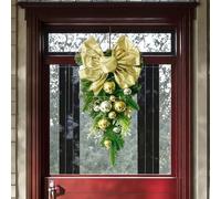 Christmas Teardrop Wreath, 45Cm Cream Gold Tear Drop Garland Winter Holiday Home Wall Mantel Table Centerpiece Decoration With Holly Leaves
