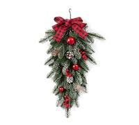 Christmas Teardrop Wreath Artificial Dense Pine Needles Red Holly Berries Pine Cone with Bow Xmas Stairway Swag Teardrop Trim Wreath Swag Garland for Front Door Wall Window Stair Home Holiday Decor