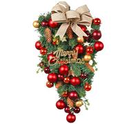 Christmas Teardrop Wreath with Bow and Red Ball Artificial Pine Christmas Wreaths for Front Door Decoration Wall Hanging Garland for Fireplace Xmas Tree Decor