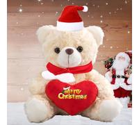 Christmas Teddy Bear with Merry Christmas Pattern, Bear Plush with Heart Stuff Animal Toys with Christmas Hat Decorations and Christmas Bows as Boyfriend Girlfriend Gift for Christmas Day (10 IN)