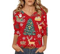 Christmas Tee Shirts Women,Elegant Everyday Women's T-Shirt for Daily Wear with V-Neck Cropped Design and Flexible 3/4 Sleeves for Autumn Comfort (Red, S)