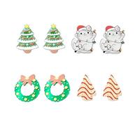 Christmas Theme Earrings for Women, 4 Pairs Festive Acrylic Studs - Cat Santa Hat, Xmas Tree, Wreath Bow, Biscuit Designs - Cute Holiday Party Jewellery Gifts