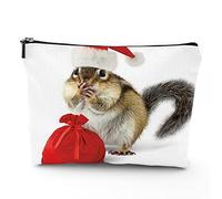 Christmas Theme,Linen Cosmetic Bag for Women Makeup Bag,Chipmunk in Red Santa Claus Hat,Organizer Makeup Pouch for Purse Water Resistant Gift,Yellow White,7x9in