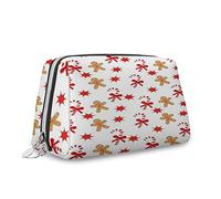 Christmas Theme, Makeup Bag Cosmetic Bag,Candy Cane Bow Red Star Christmas Cookie,Leather Organizer Make Up Bag Reusable Toiletry Bag,Brown Orange,S