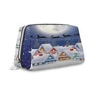Christmas Theme,Makeup Bag Cosmetic Bag,Moon Santa Claus in Winter Village,Leather Organizer Make Up Bag Reusable Toiletry Bag,Navy White,M