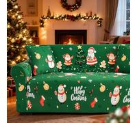 Christmas Theme Sofa Covers Happy Christmas Couch Cover Snowman Santa Printed Slipcover Christmas Home Decoration for Living Room (3 Seater, Green)