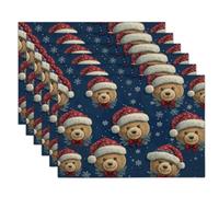 Christmas Theme Table Mats Set of 4, Teddy Bear Snowflake Washable Non-slip Place Mats Heat Insulation Placemats for Kitchen Dinning Restaurant, 30 x 45cm, Navy Blue