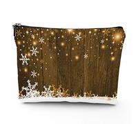 Christmas Theme,Travel Bag Makeup Case Cosmetic Bag,Wooden Backdrop with Snowflakes,Linen Makeup Bag Great Gift for Travel,White Brown,7x9in