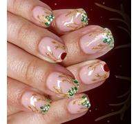 Christmas Themed Artificial Nails 24PCS Red Reindeer Leaf Glitters Design ABS Materials Fake Nails Holiday Manicure Festive Red Press On Nail