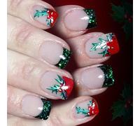 Christmas Themed Fake Nails 24pcs ABS Build French Glitters Green Leaf Design Easy To Apply For Women Party Nails Art Holiday Press On Nail With Snowflakes