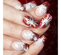 Christmas Themed Fake Nails 24pcs ABS Build French Red Glitters Tip Design Easy To Apply For Women Party Nails Art Christmas Press On Nail French Glitters Snowflake Design