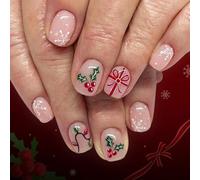 Christmas Themed Fake Nails Holiday Snowflake Patterns Leaf Decorations Easy Application For Women Party 24pcs/Set Snowflake Fake Nail