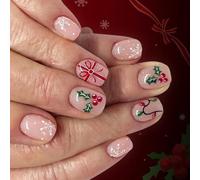 Christmas Themed Fake Nails Holiday Snowflake Patterns Leaf Decorations Easy Application For Women Party 24pcs/Set Snowflake Fake Nail