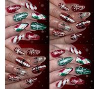 Christmas Themed Glitters Coated Artificial Nails 48pieces Teardrop Shines Red Green Plaids Design Easy Application Christmas Glitters Press on Nail