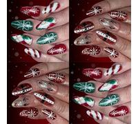 Christmas Themed Glitters Coated Artificial Nails 48pieces Teardrop Shines Red Green Plaids Design Easy Application Snowflake French Tip Press Ons