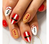 Christmas Themed Oval Glossy Press On Nails Set - Short Manicure with Festive Snowman Gingerbread Santa Claus & Red Polka Dot Designs for Winter Holiday Parties & Celebrations