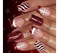 Christmas Themed Stripeds French Tip Fake Nails 24Pcs Short With Snowflake Glitters For Party Christmas Striped Glitters Nail Art