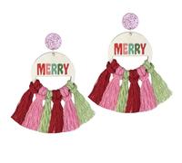 Christmas Themed Wooden Earrings With Colorful Tassel Christmas Tree Santa Holiday Jewelry for Women Gift, Wood, No Gemstone