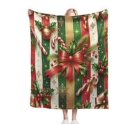 Christmas Throw Blanket, Flannel Soft Throw Warm Blanket for Bed, Comfortable Xmas Snowman Gingerbread Man Candy Lightweight Blankets for Sofa,Bed-Christmas Bow||60x50 Inch