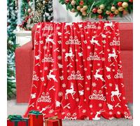 Christmas Throw Blanket Merry Christmas Fleece Blanket Red Flannel Blankets with Elk Reindeer Snowflake Printed Soft Cozy Plush Xmas Gifts Throws for Winter Holiday Party Couch Bed Decor, 130x152 cm