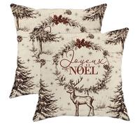 Christmas Throw Pillow Covers Set of 2, Beige Reindeer Wreath Design Cushion Cases, Festive Decorative Square Home Decor for Sofa Couch Bed 18x18 Inch