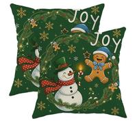Christmas Throw Pillow Covers Set of 2, Dark Green Joyful Snow Man and Gingerbread Design Cushion Covers, Festive Decorative Square Home Decor for Sofa Bed Couch 14x14 Inch